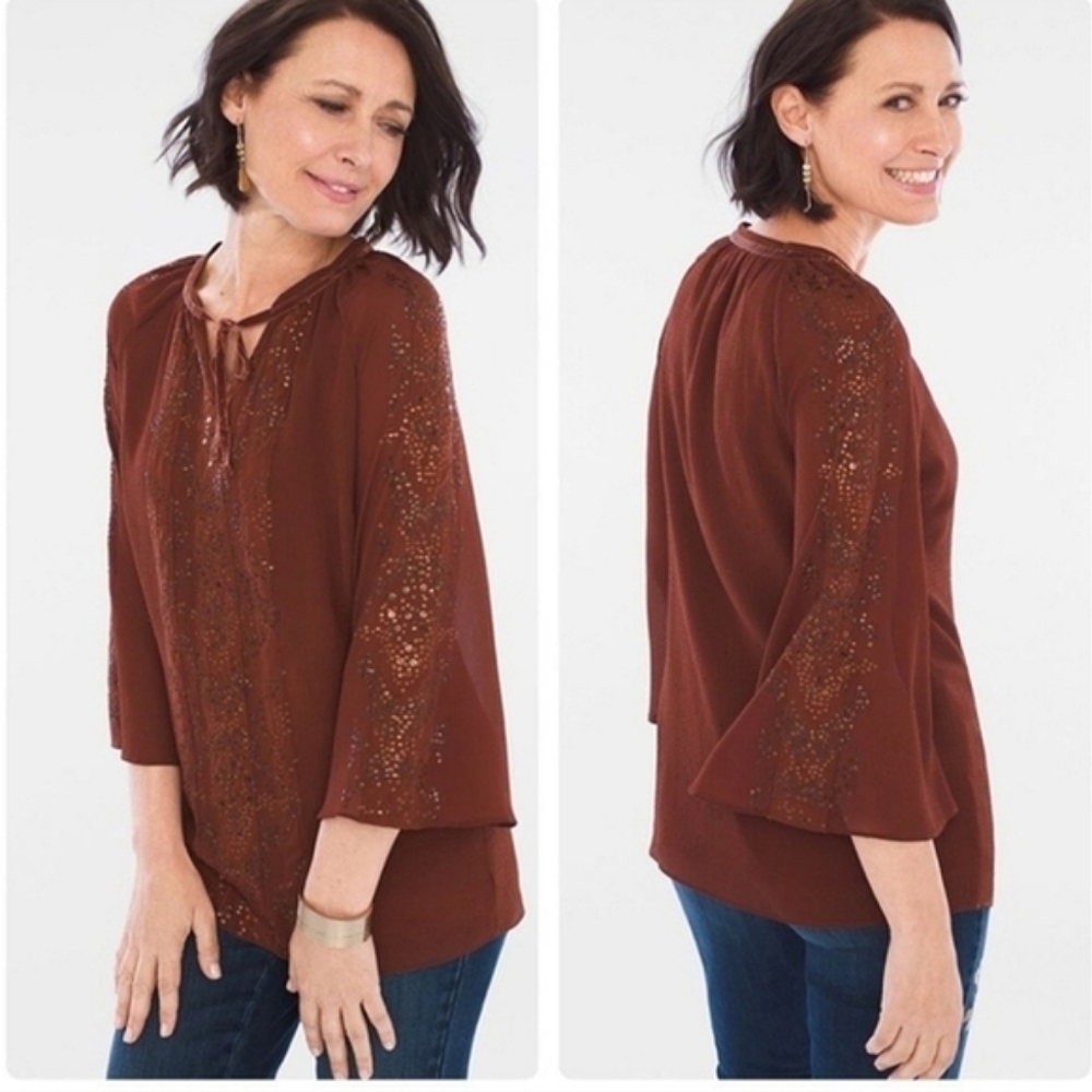 NWT Chico's Petite Sequin Embellished Bell Sleeve Top Rust Brown Blouse Large